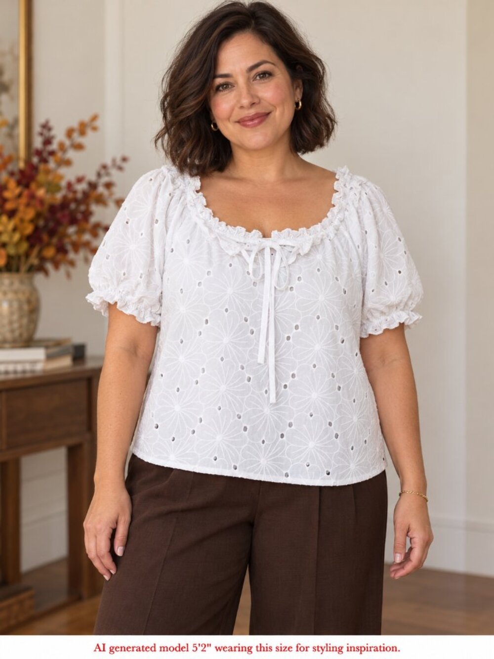 Boho White Eyelet Peasant Blouse Petite XL Shannon Ford NY Puff Sleeve Tie Neck